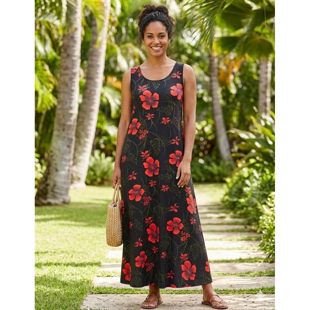 Slinky Tropical Maxi Dress Sz XL Stretch Floral Aloha Slinky Resort Cruise USA